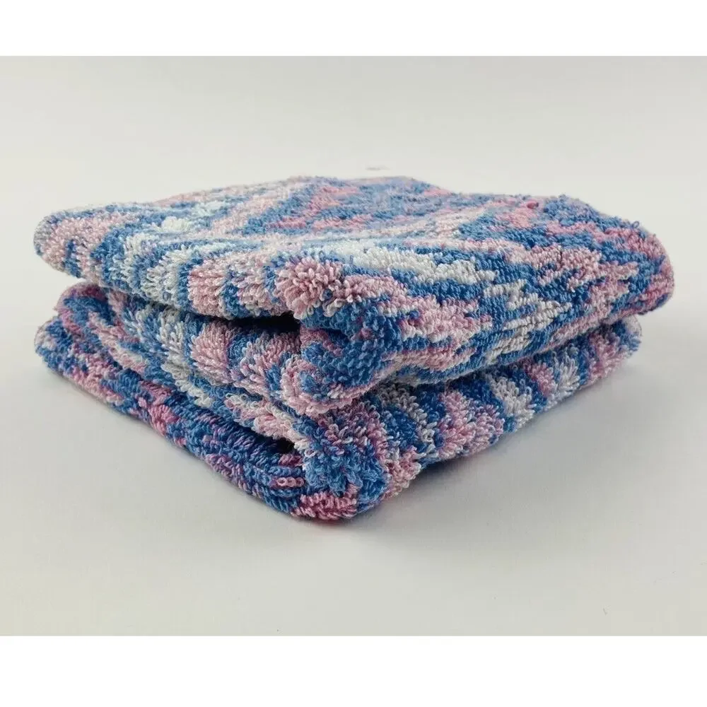 2 Vintage Royal velvet Fieldcrest washcloths rags Pastel pink blue Waves Zig zag